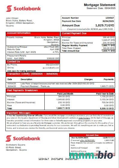 Gujana Bank of Nova Scotia wyciąg z kredytu hipotecznego szablon Word i PDF